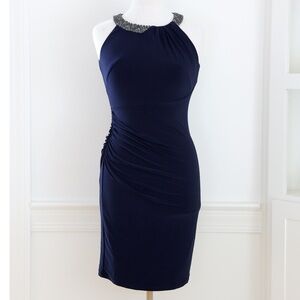 Lauren Ralph Lauren Evening Navy Dress Rhinestone Neck Bodycon Ruched Size 2P